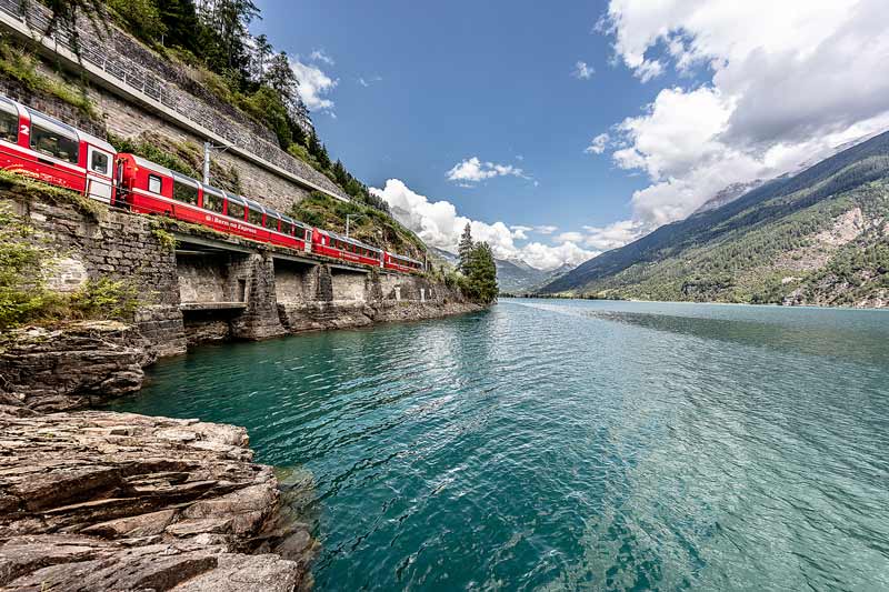 Bernina Express beside Lake Poschiavo