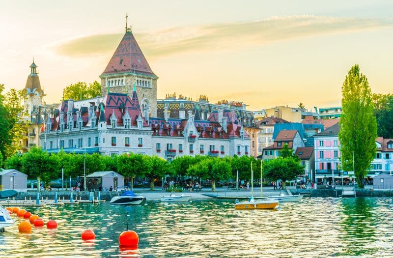Chateau d'Ouchy sits on the shore of Lake Geneva in Lausanne, Switzerland